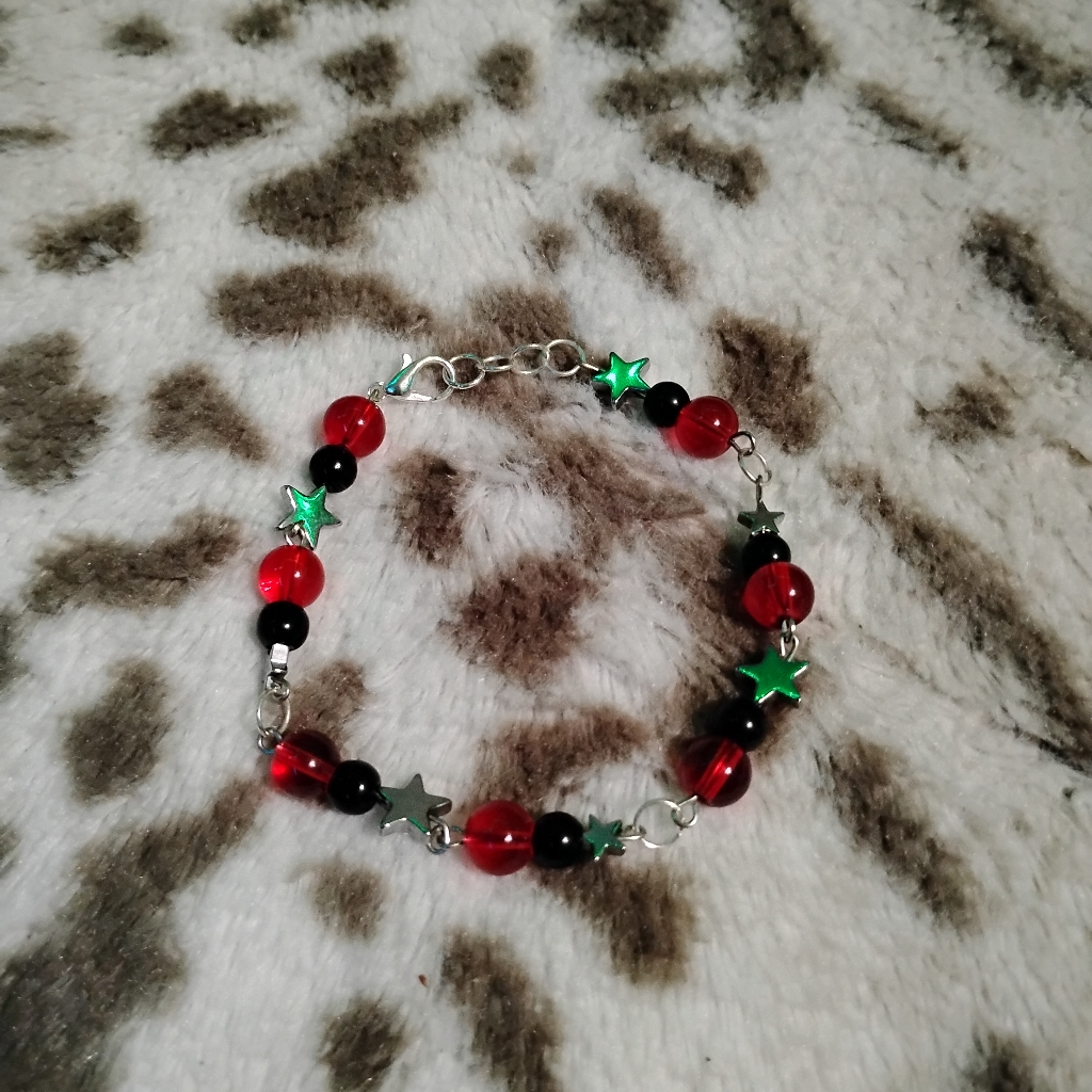 Handmade Red Black And Silver Star Beaded Bracelet With Lobster Claw Clasp
